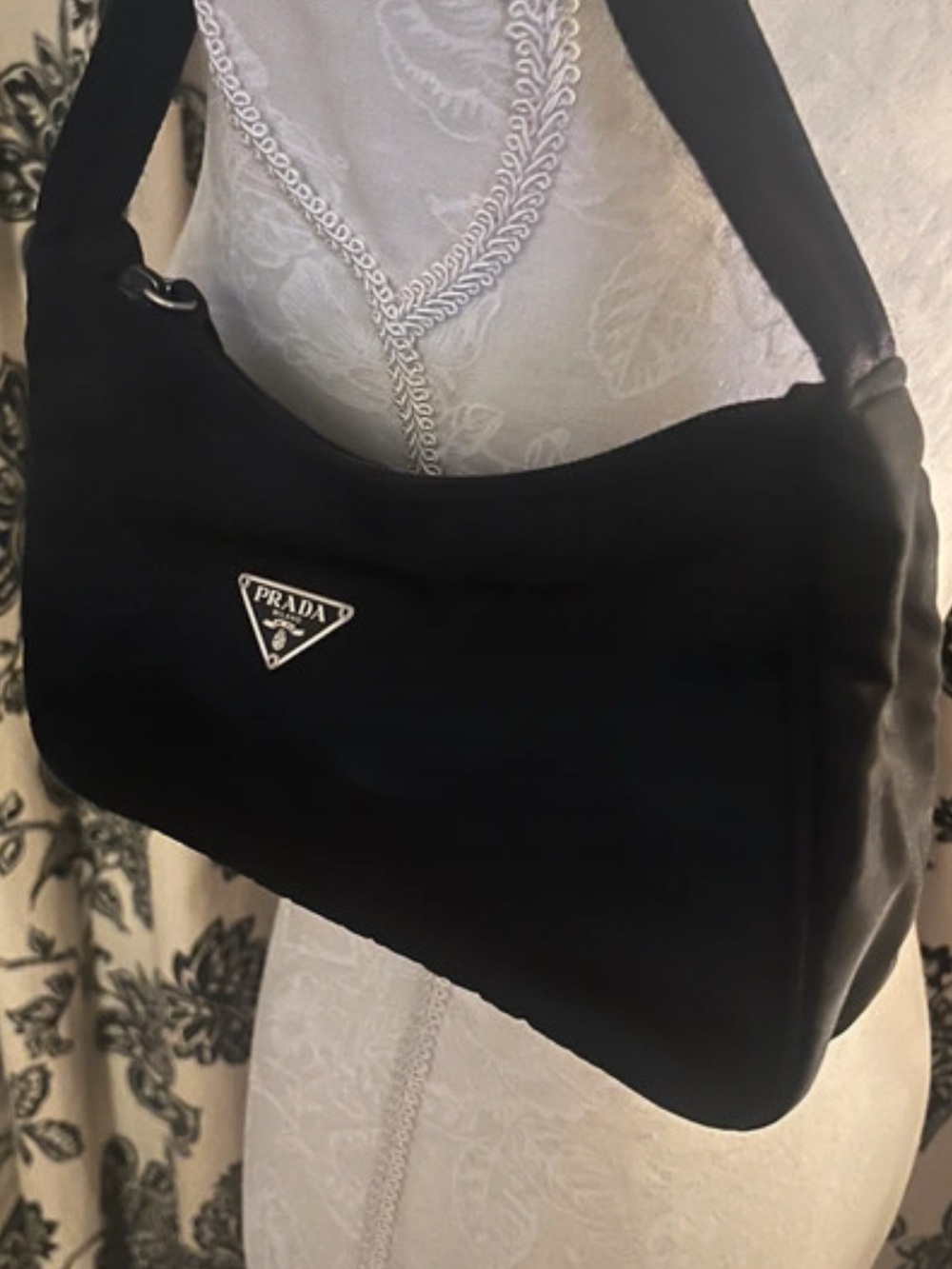 Prada Black Nylon Shoulder Hobo with Silver Logo